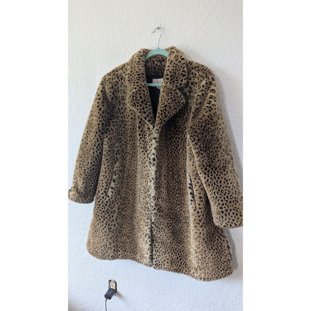Worthington Leopard Print Faux Fur Coat XL Tan Black Notched Lapel Mid-Length